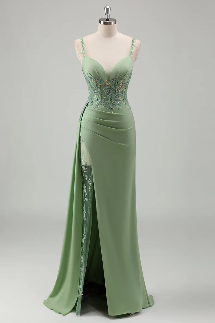 Robe Weitese scintillante vert clair à bretelles spaghetti en dentelle, robe longue de bal sans manches, robe de soirée fendue en satin